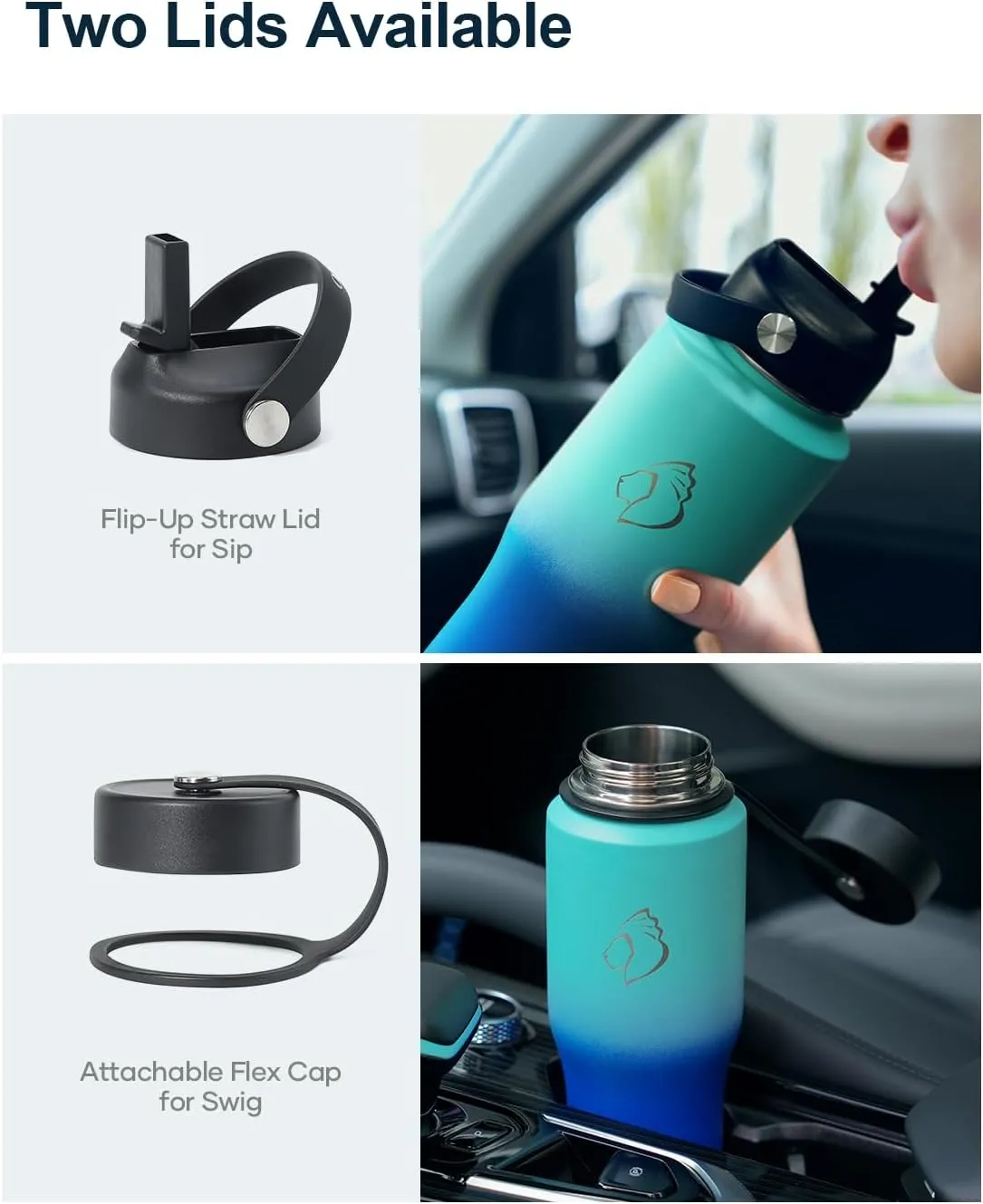 BUZIO Insulated Water Bottle Fits in Cup Holder, Double Wall Vacuum Insulated Tumbler with Straw Lid, Stainless Steel Leak-proof Travel Cup Keeps Cold for 48H and Hot for 24H, 32oz, Caribbean Blue