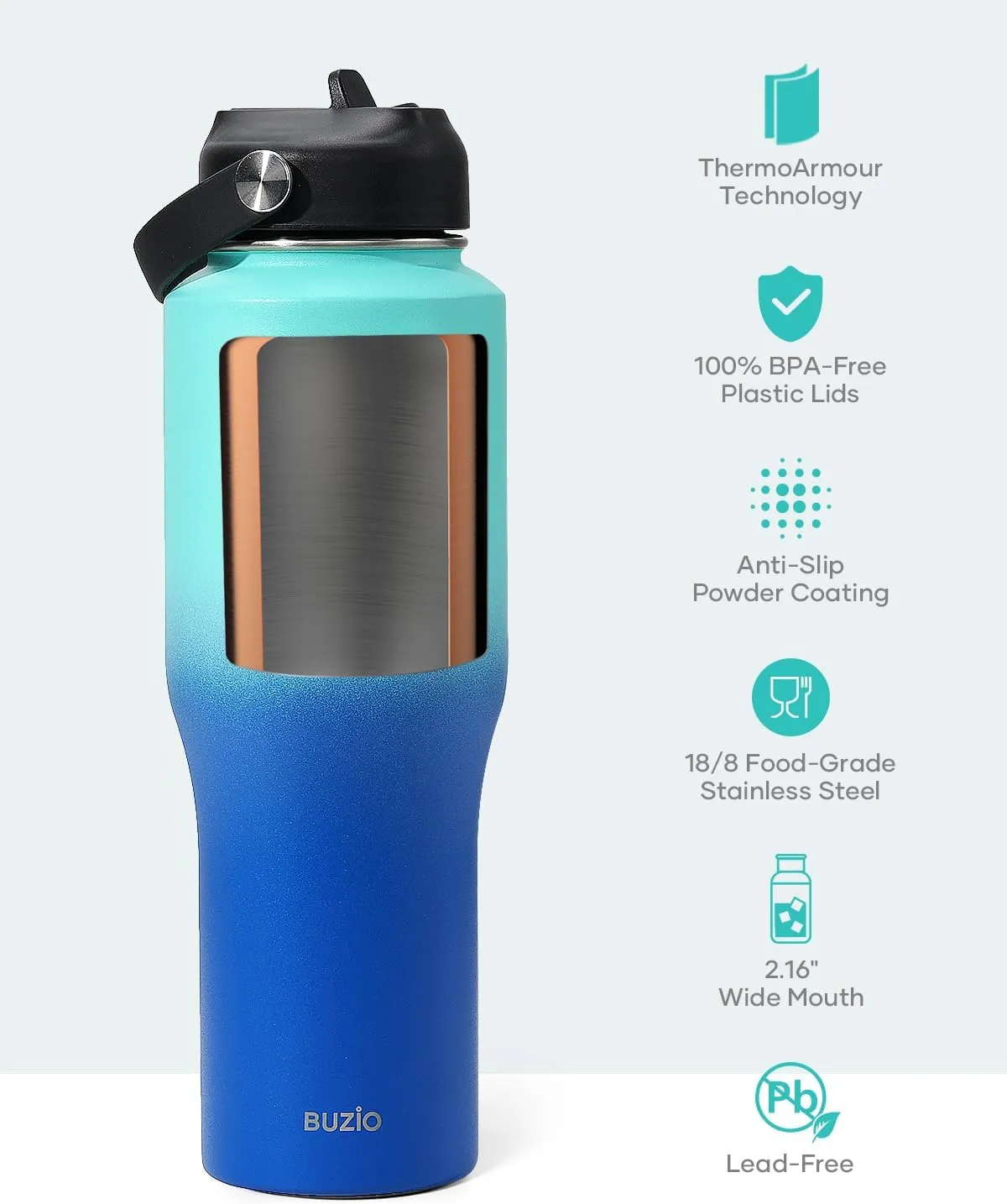BUZIO Insulated Water Bottle Fits in Cup Holder, Double Wall Vacuum Insulated Tumbler with Straw Lid, Stainless Steel Leak-proof Travel Cup Keeps Cold for 48H and Hot for 24H, 32oz, Caribbean Blue