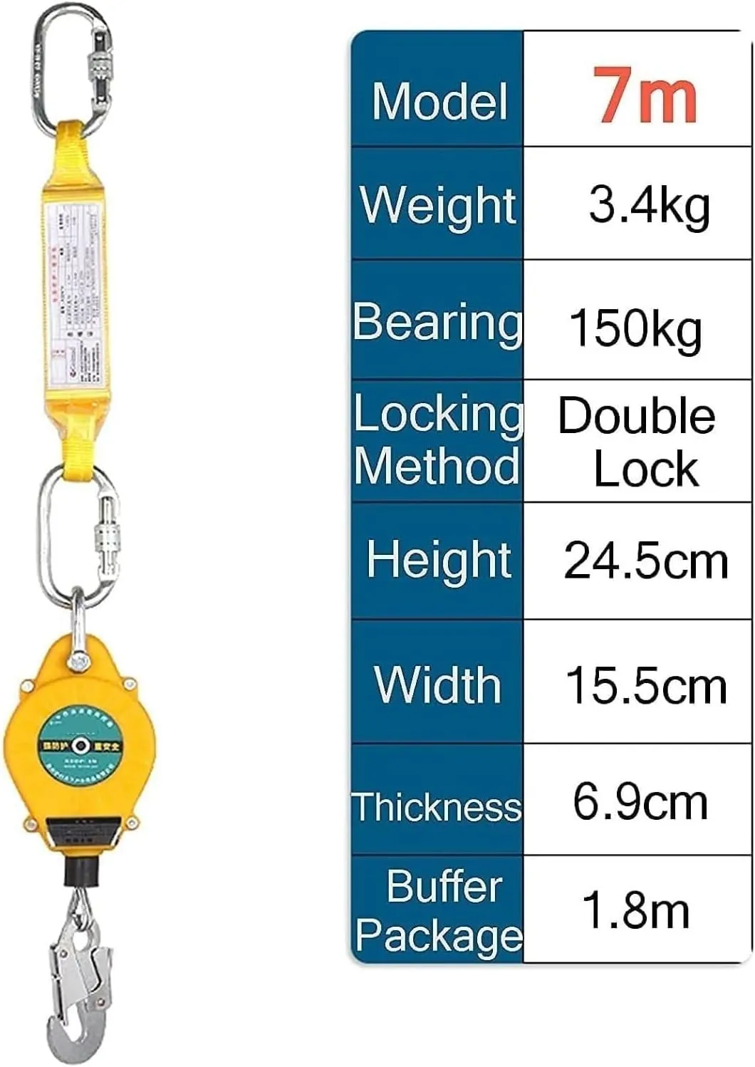 Cable Safety Fall Protection Retractable Lanyard, Self Retracting Lifeline with Buffer, 150kg Load, 7m for Rock Climbing & Construction
