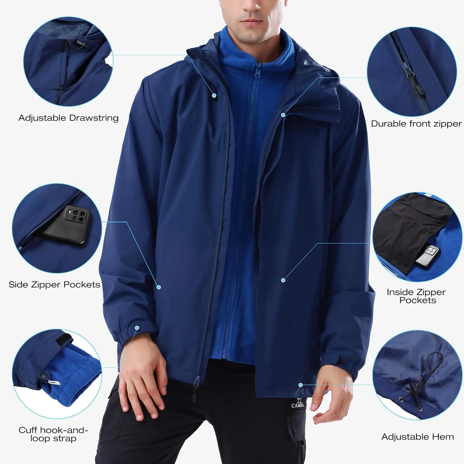 CAMEL CROWN Men's Winter Ski Jacket 3 in 1 Mountain Snow Waterproof Coat Warm Snowboard Jacket with Hooded