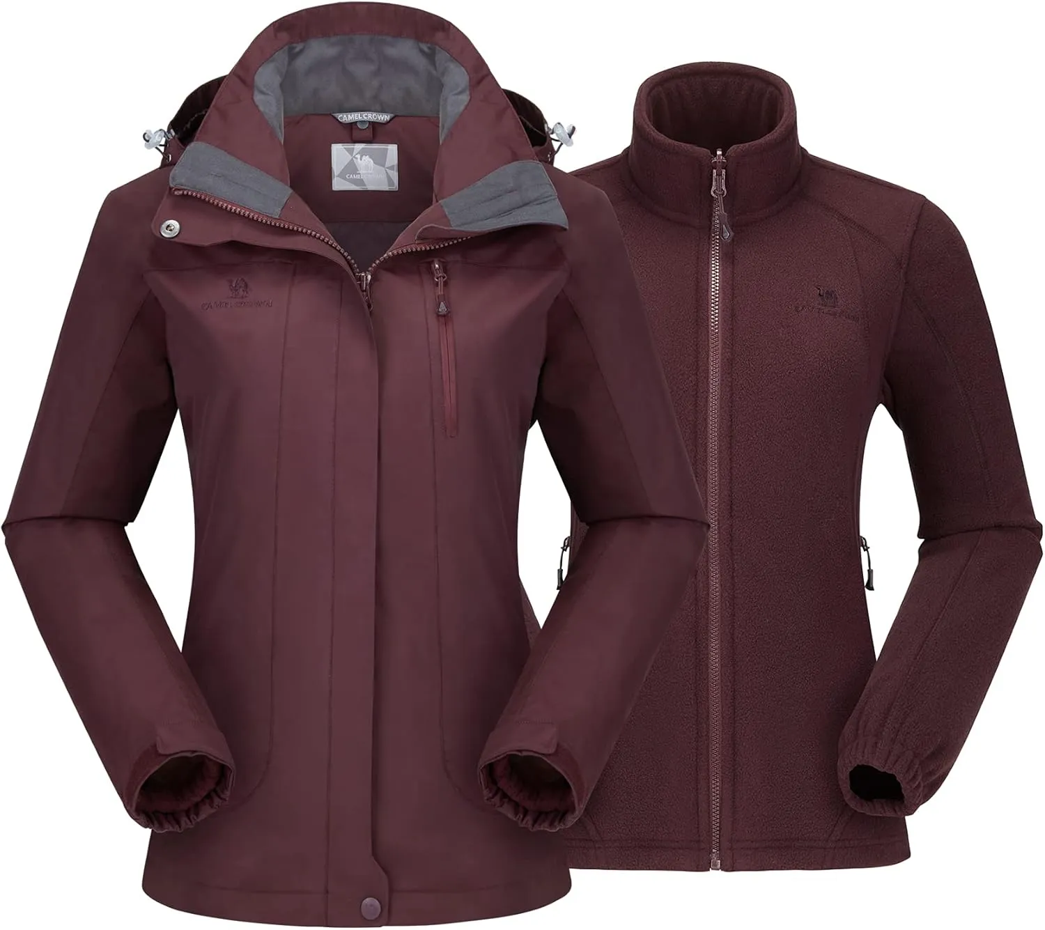 CAMEL CROWN Women's Ski Jacket Waterproof 3 in 1 Winter Jacket Windproof Warm Fleece Hooded Snowboard Mountain Snow Coat