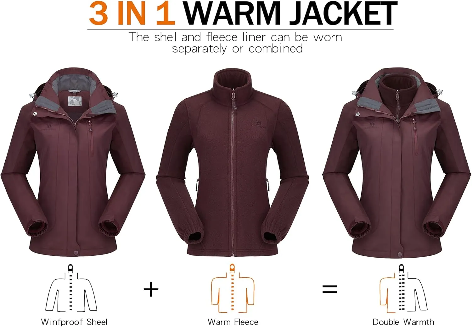 CAMEL CROWN Women's Ski Jacket Waterproof 3 in 1 Winter Jacket Windproof Warm Fleece Hooded Snowboard Mountain Snow Coat