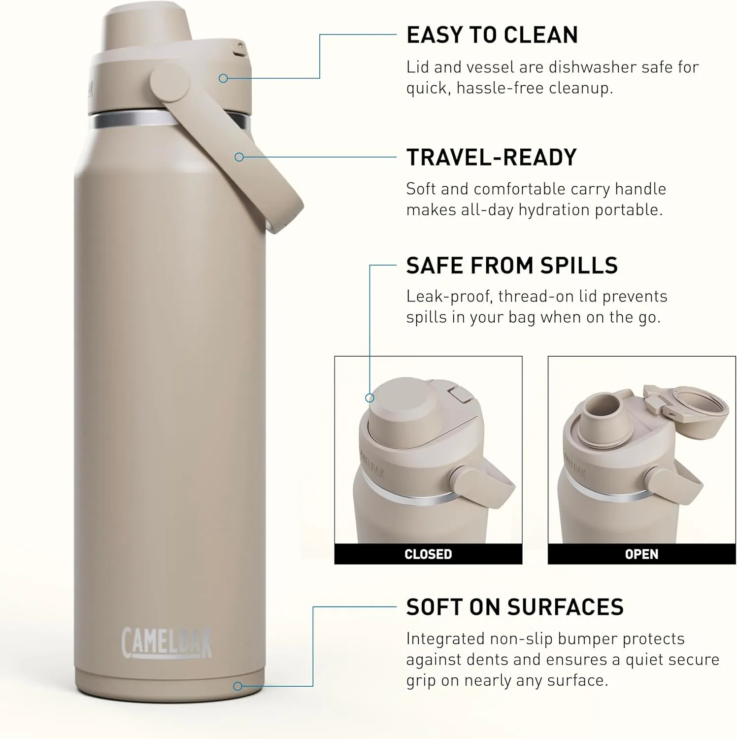 CamelBak Thrive Chug Water Bottle 32oz - Insulated Stainless Steel, Stone