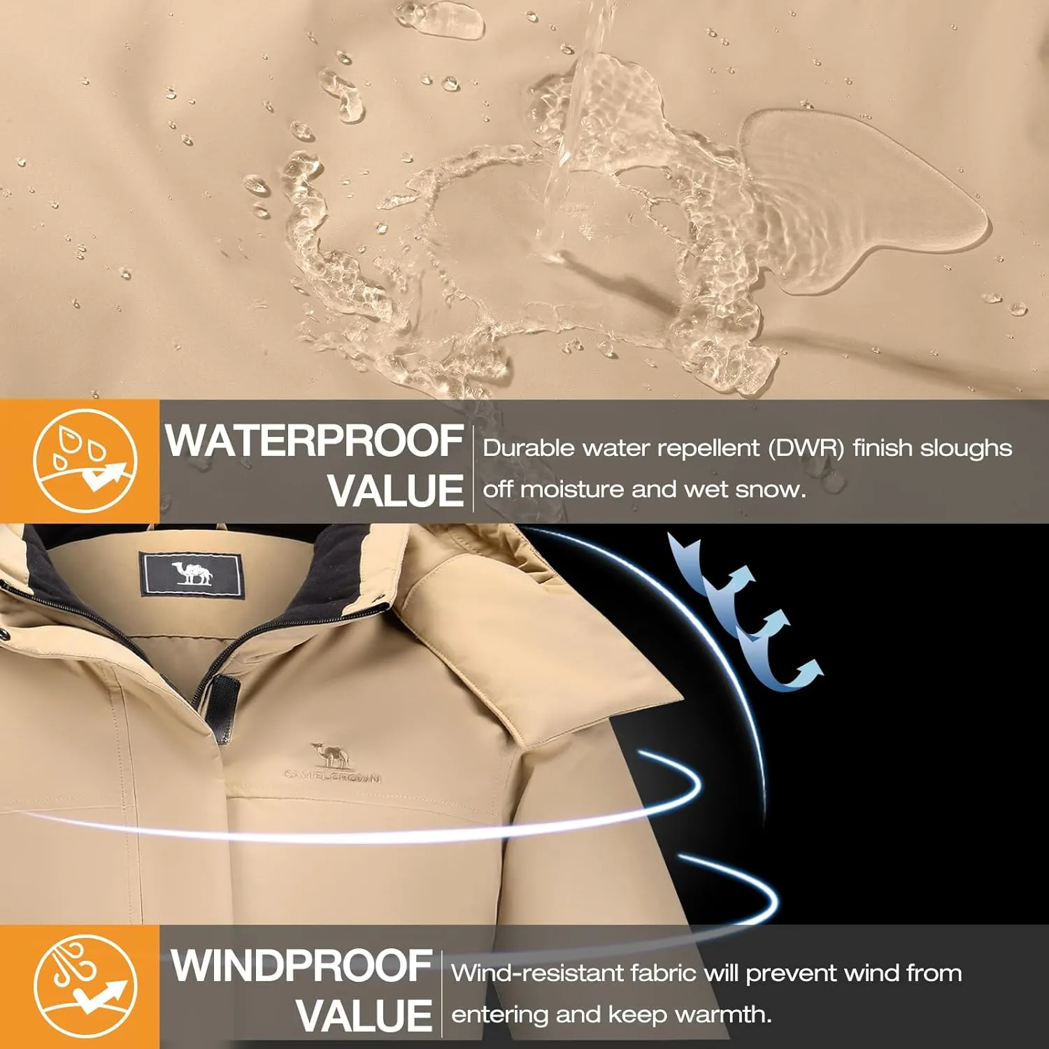 CAMELSPORTS Women's Waterproof Ski Jacket Warm Winter Coat Hooded Outdoor Windbreaker Mountain Snowboarding Jacket