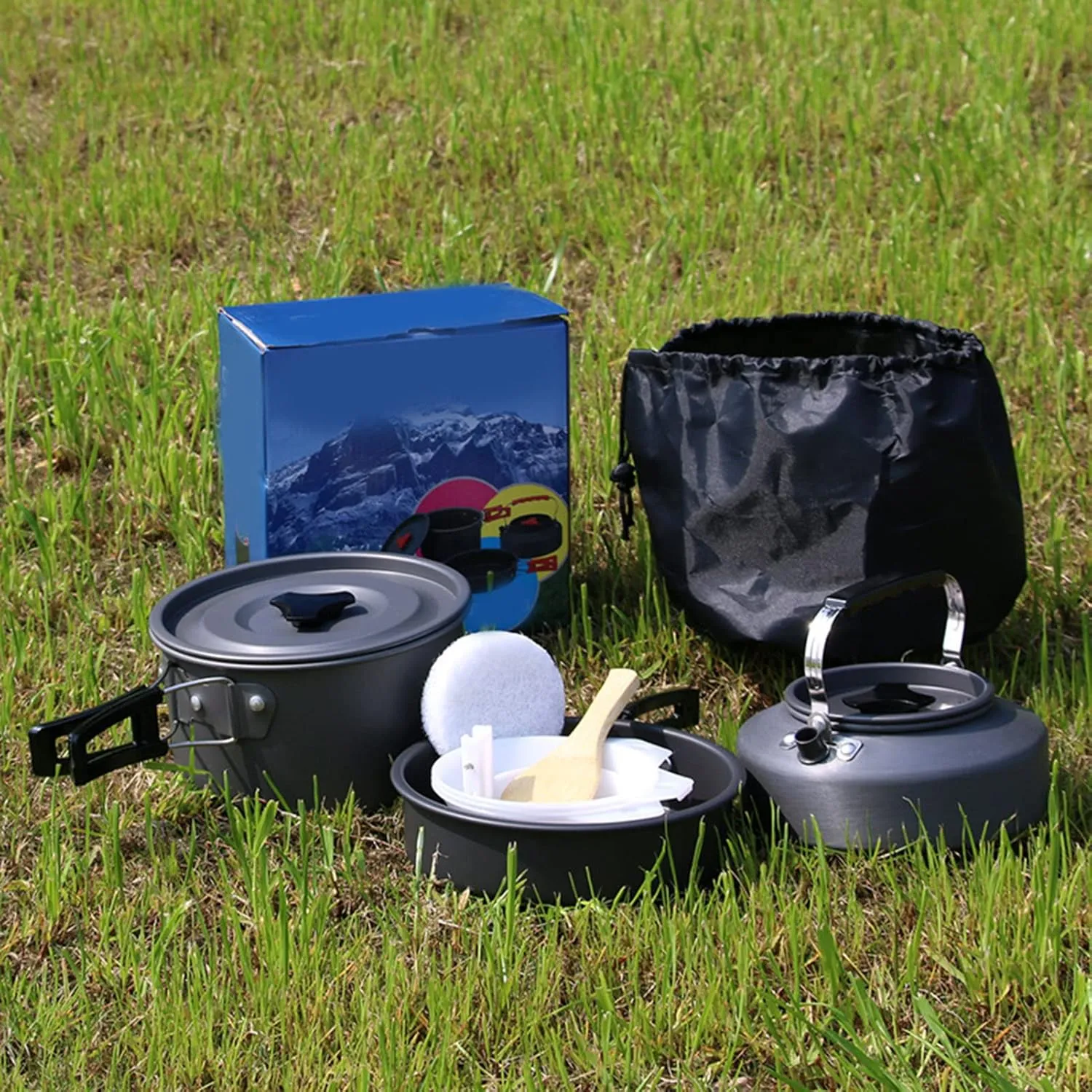 Camping Cooking Pot Set, Camping Pot Set,Aluminum Alloy, Hard Oxidized Pot Pan Kettle Camping Cookware Set with Foldable Handle for Outdoor Camping