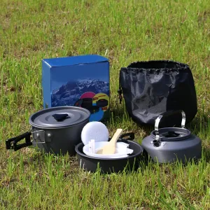Camping Cooking Pot Set, Camping Pot Set,Aluminum Alloy, Hard Oxidized Pot Pan Kettle Camping Cookware Set with Foldable Handle for Outdoor Camping