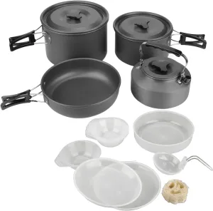 Camping Cookware Kit Portable Aluminum Alloy Pot Teapot Fry Pan Saucer Plate Bowl Soup Spoon for Outdoor Traveling Hiking Backpacking Camping
