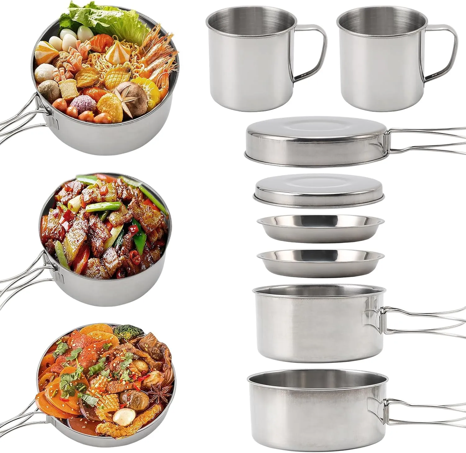 Camping Cookware Mess Kit 8PCS Stainless Steel Cooking Pot and Pan Set with Plates Cups for Outdoor Camping Hiking Backpacking, Lightweight Backpacking Cook Set, Stainless Steel Cookware Kit