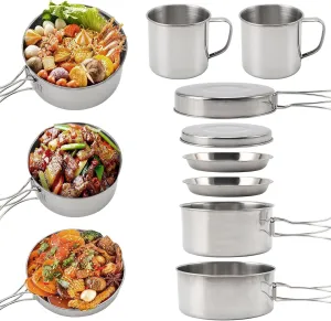 Camping Cookware Mess Kit 8PCS Stainless Steel Cooking Pot and Pan Set with Plates Cups for Outdoor Camping Hiking Backpacking, Lightweight Backpacking Cook Set, Stainless Steel Cookware Kit