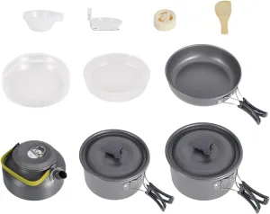 Camping Cookware Mess Kit for Campfire Cooking Utensils Set Soup Spoon with Folding Handles Cooking Pot Frying Pan for Picnic