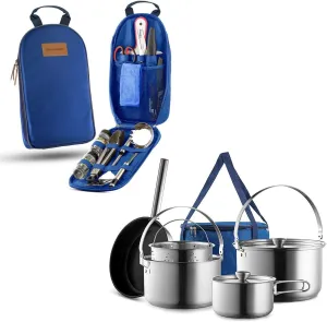 Camping Cookware Set 304 Stainless Steel 8-Piece Pots & Pans Open Fire Cooking Kit with 11 Piece Camp Kitchen Cooking Utensil Set Travel Organizer Grill Accessories Portable Compact Gear