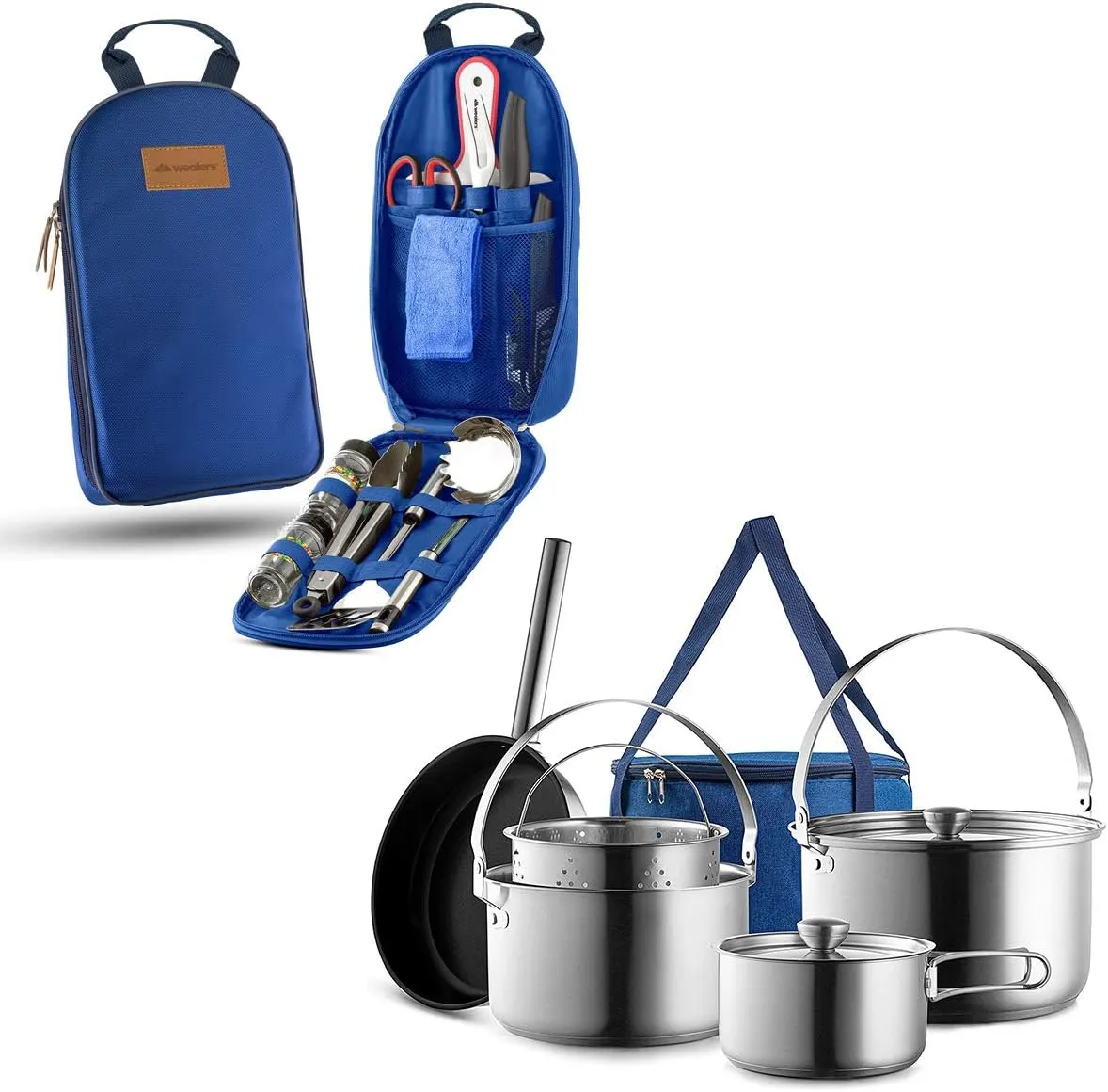 Camping Cookware Set 304 Stainless Steel 8-Piece Pots & Pans Open Fire Cooking Kit with 11 Piece Camp Kitchen Cooking Utensil Set Travel Organizer Grill Accessories Portable Compact Gear
