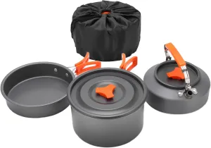 Camping Cookware Set with Secure Grip | Non - Adhesive Coating & Easy to Maintain | Aluminum Alloy Folding Pot/Pan/Kettle | Compact for Backpacking & Outdoor Cooking