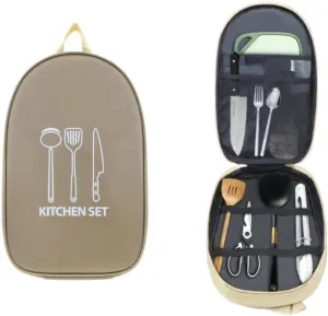 Camping Cookware Storage Bag, Camping Cooking Utensils Set Bag Camping Tool Portable Storage Bag Suitable for Knife, Fork, Spoon, Chopping Board, Chef's Knife,Kitchenware Storage, khaki