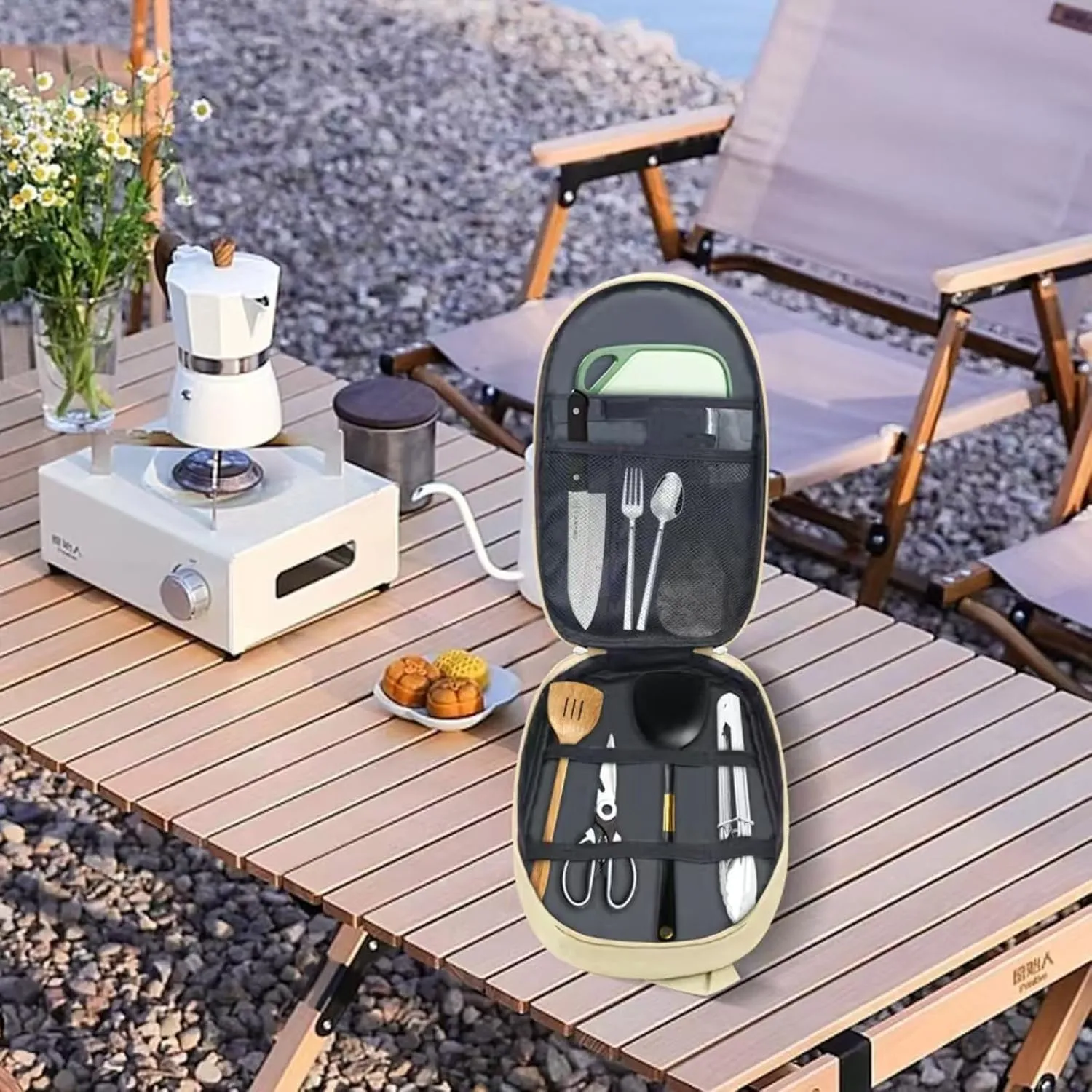 Camping Cookware Storage Bag, Camping Cooking Utensils Set Bag Camping Tool Portable Storage Bag Suitable for Knife, Fork, Spoon, Chopping Board, Chef's Knife,Kitchenware Storage, khaki