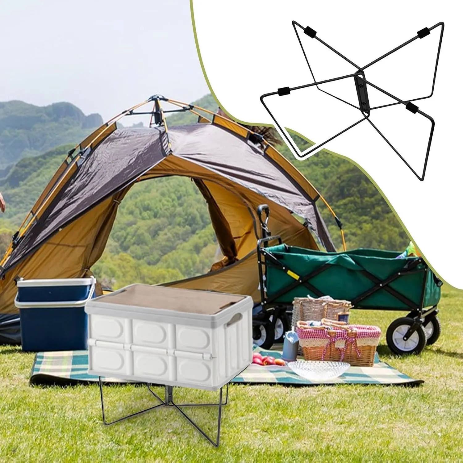 Camping Cooler Stand - Folding Stand, Stainless Steel Folding Bracket | Anti Moisture Folding Frame Ice Box Holder, Outdoor Camping Bucket Stand Frame with Nonslip Mat and Carry Bag for BBQ Cooking(Bl