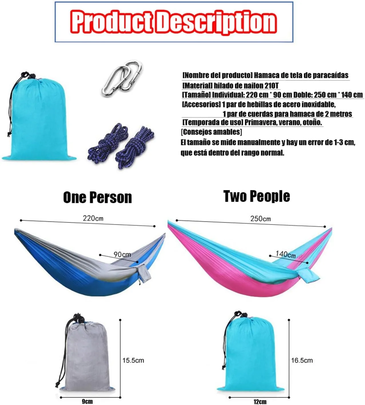 Camping Hammock 210T Nylon Breathable Hammock Tent with Tree Straps & Aluminum Alloy Carabiners Travel Hammock Quick Drying for Hiking Backpacking Garden (Color : A, Size : 250x140cm)