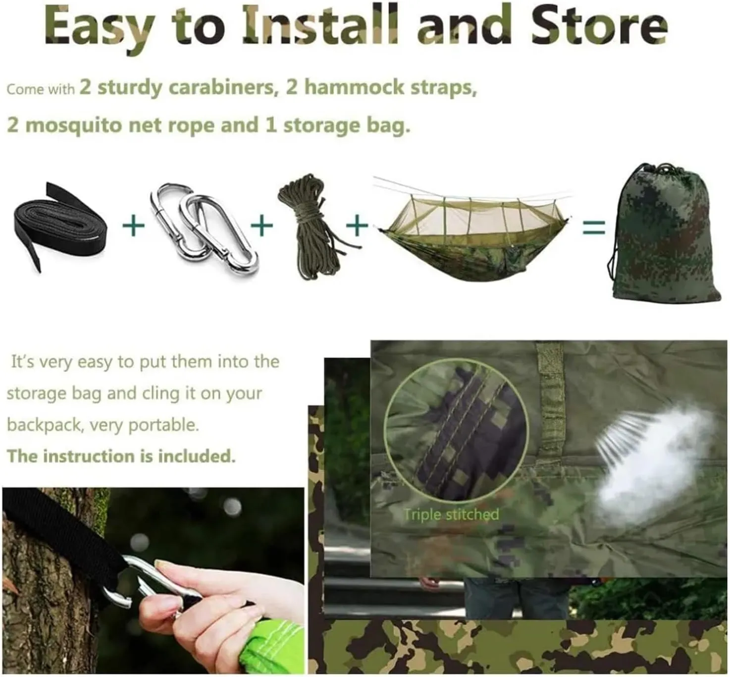 Camping Hammock Double Camping Hammock with Mosquito Net Lightweight Nylon Portable Hammock Parachute Hammock with Tree Straps for Camping
