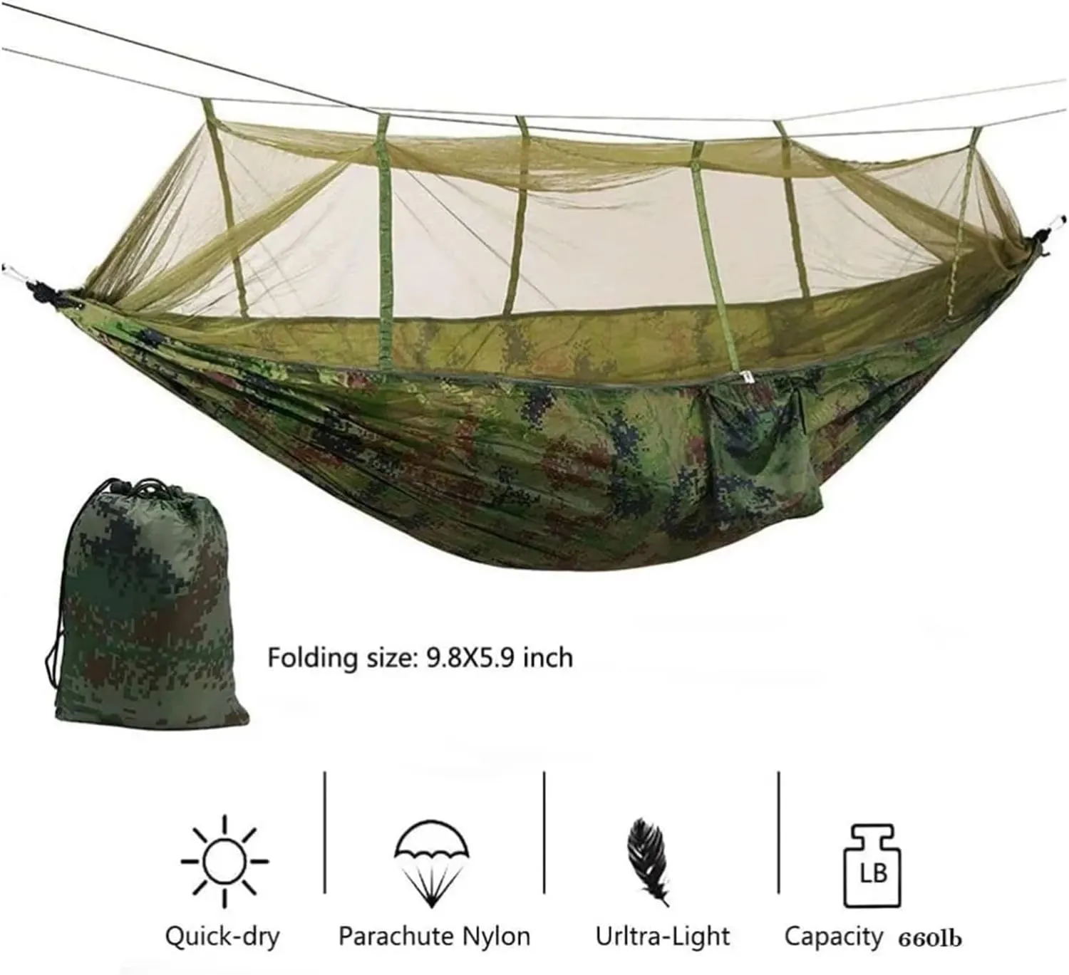 Camping Hammock Double Camping Hammock with Mosquito Net Lightweight Nylon Portable Hammock Parachute Hammock with Tree Straps for Camping