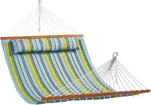 Camping Hammock, Double Quilted Fabric Hammock, 12 FT Lightweight Portable Double & Single Hammock with Curved Spreader Bars, Detachable Pillow and Chains, 480 lbs Capacity, Green