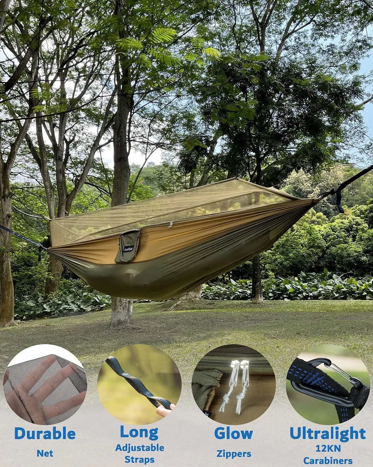 Camping Hammock, Portable Single & Double Hammock with Net, 2 Person Hammock Tent with 2 * 10Ft Straps