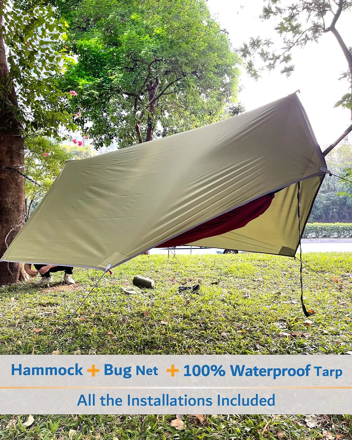 Camping Hammock, Portable Single & Double Hammock with Net, 2 Person Hammock Tent with 2 * 10Ft Straps