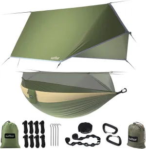Camping Hammock, Portable Single & Double Hammock with Net, 2 Person Hammock Tent with 2 * 10Ft Straps