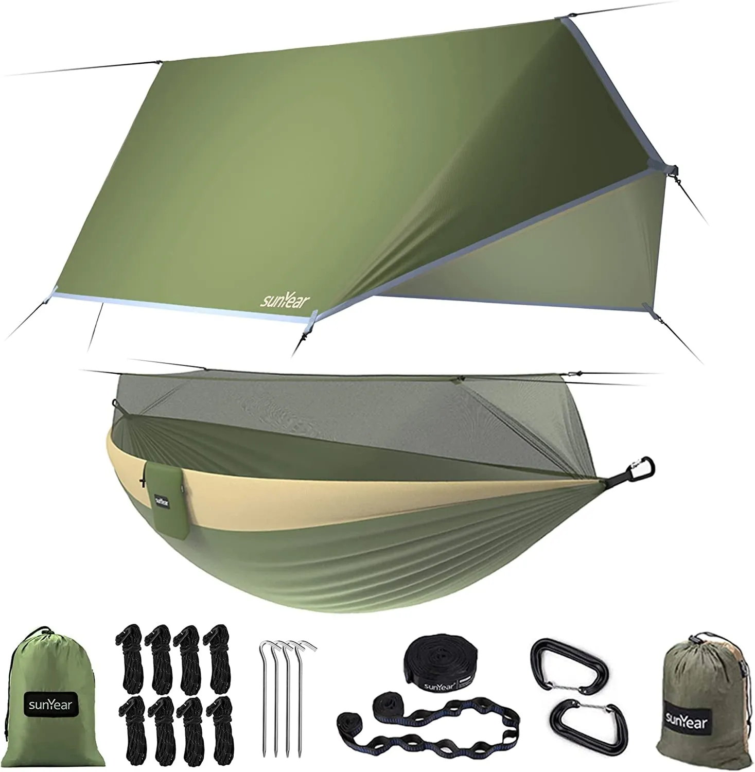 Camping Hammock, Portable Single & Double Hammock with Net, 2 Person Hammock Tent with 2 * 10Ft Straps