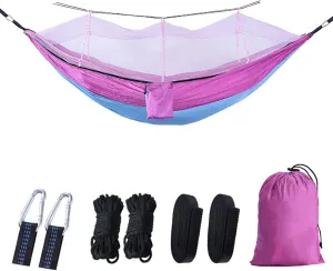 Camping Hammock, Single & Double Camping Hammock with Mosquito Net, Portable Nylon Hammock, for Outdoor Backpacking, Camping, Adventure, Hiking (Pink)