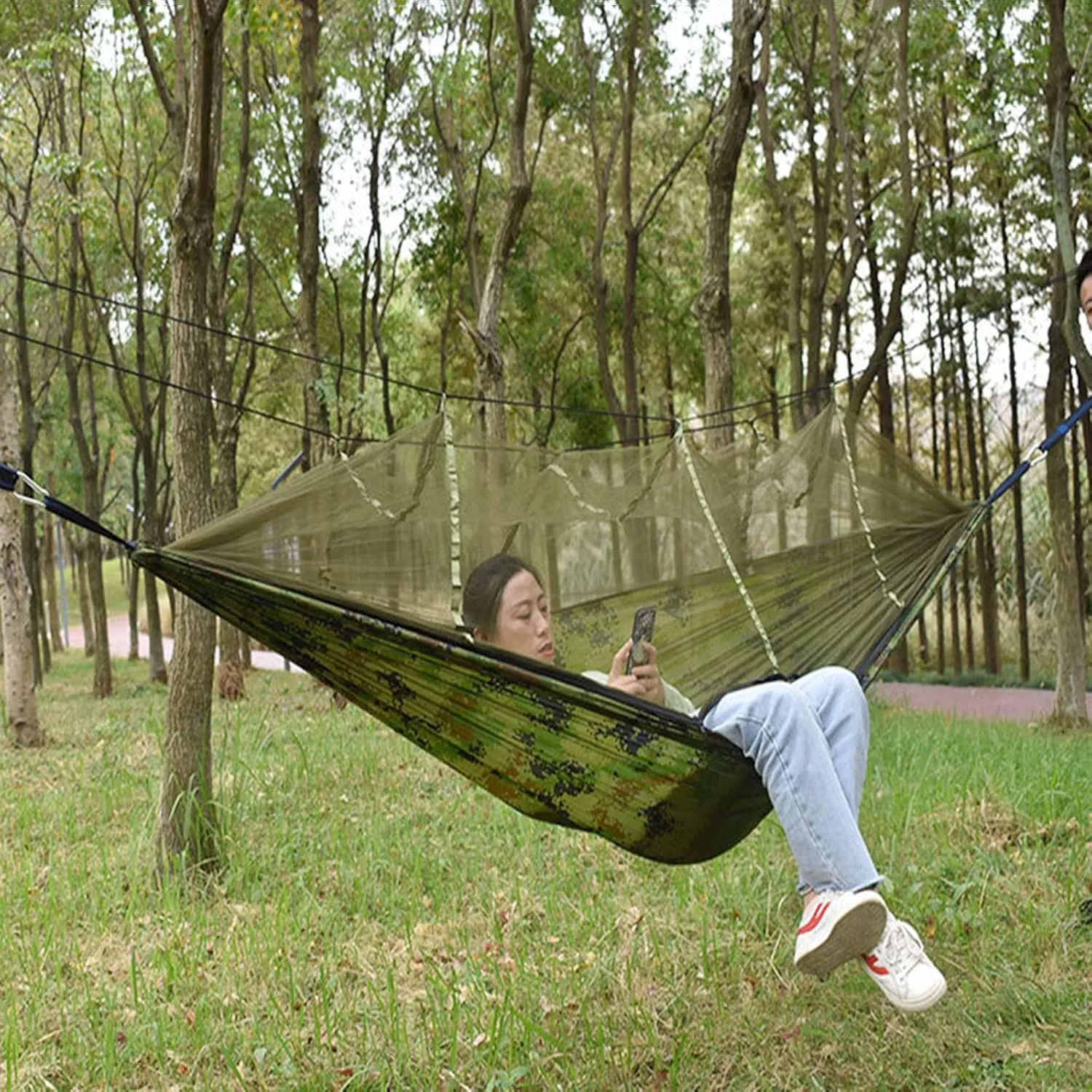Camping Hammock, Single & Double Camping Hammock with Mosquito Net, Portable Nylon Hammock, for Outdoor Backpacking, Camping, Adventure, Hiking (Pink)