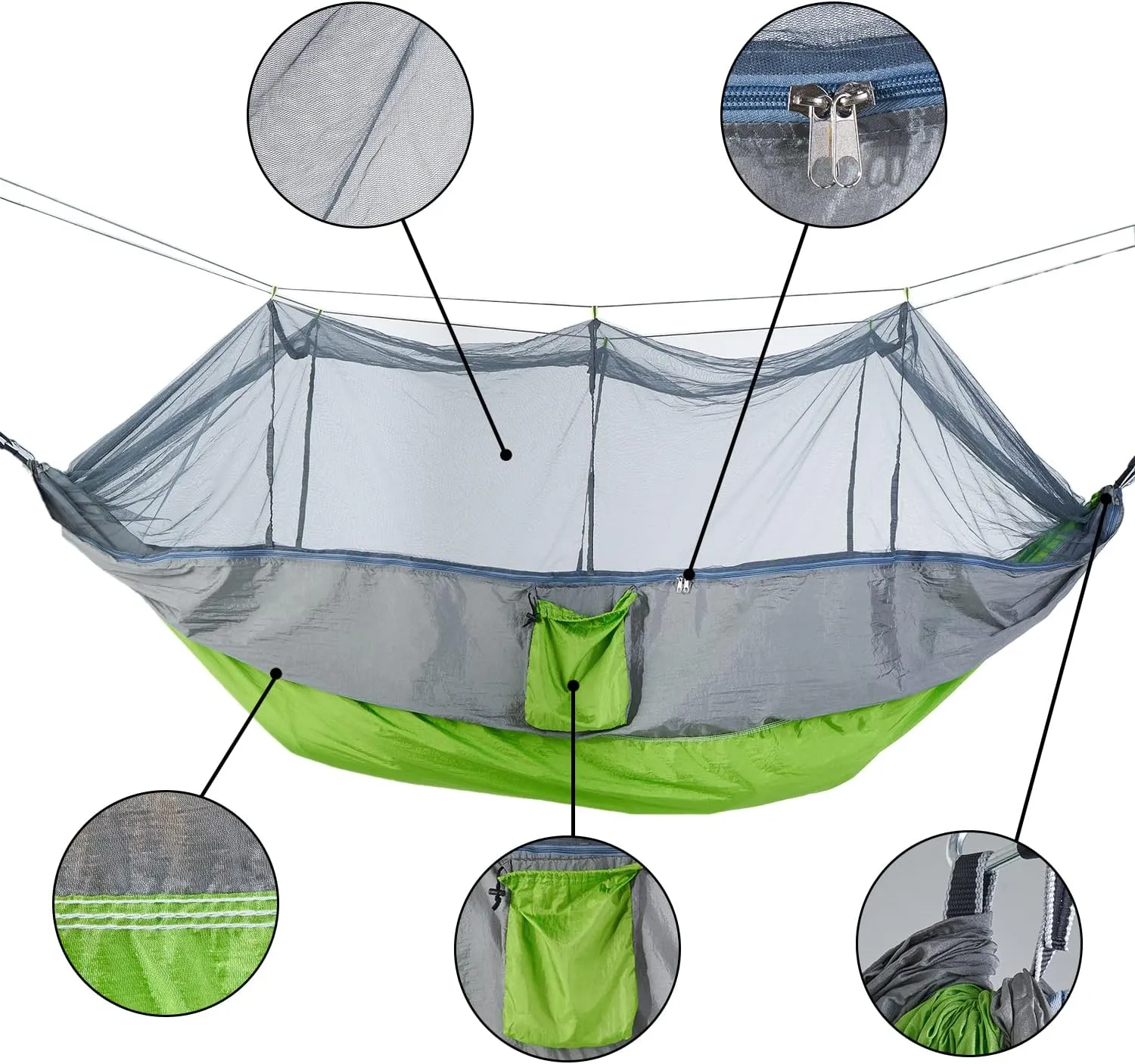 Camping Hammock with Mosquito Net, Portable Parachute Travel Bed Nylon Hammock with Tree Straps
