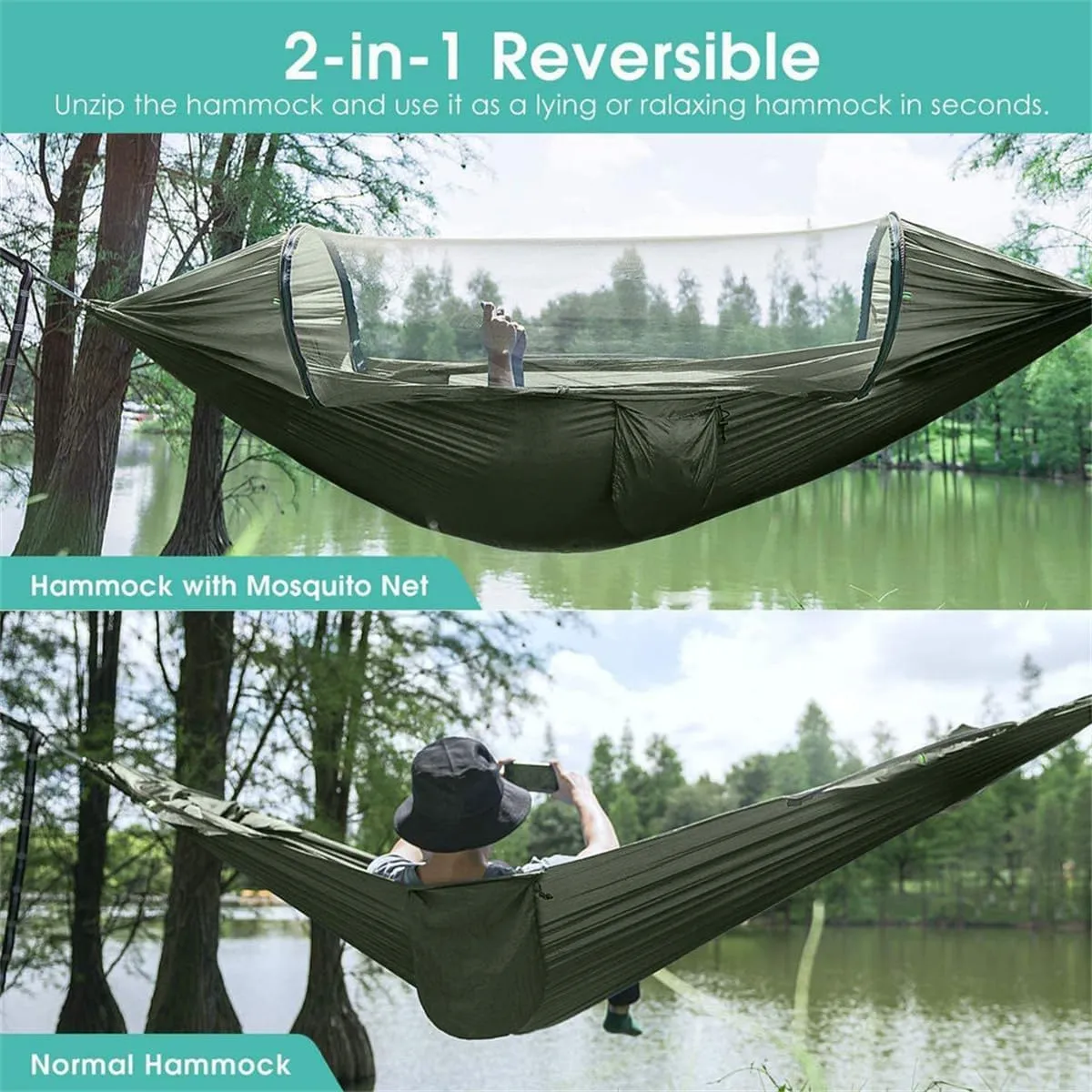 Camping Hammock with Mosquito Net, Travel Lightweight with Tree Straps & Solid D-Shape Carabiners for Backyard, Garden, Patio, Hiking