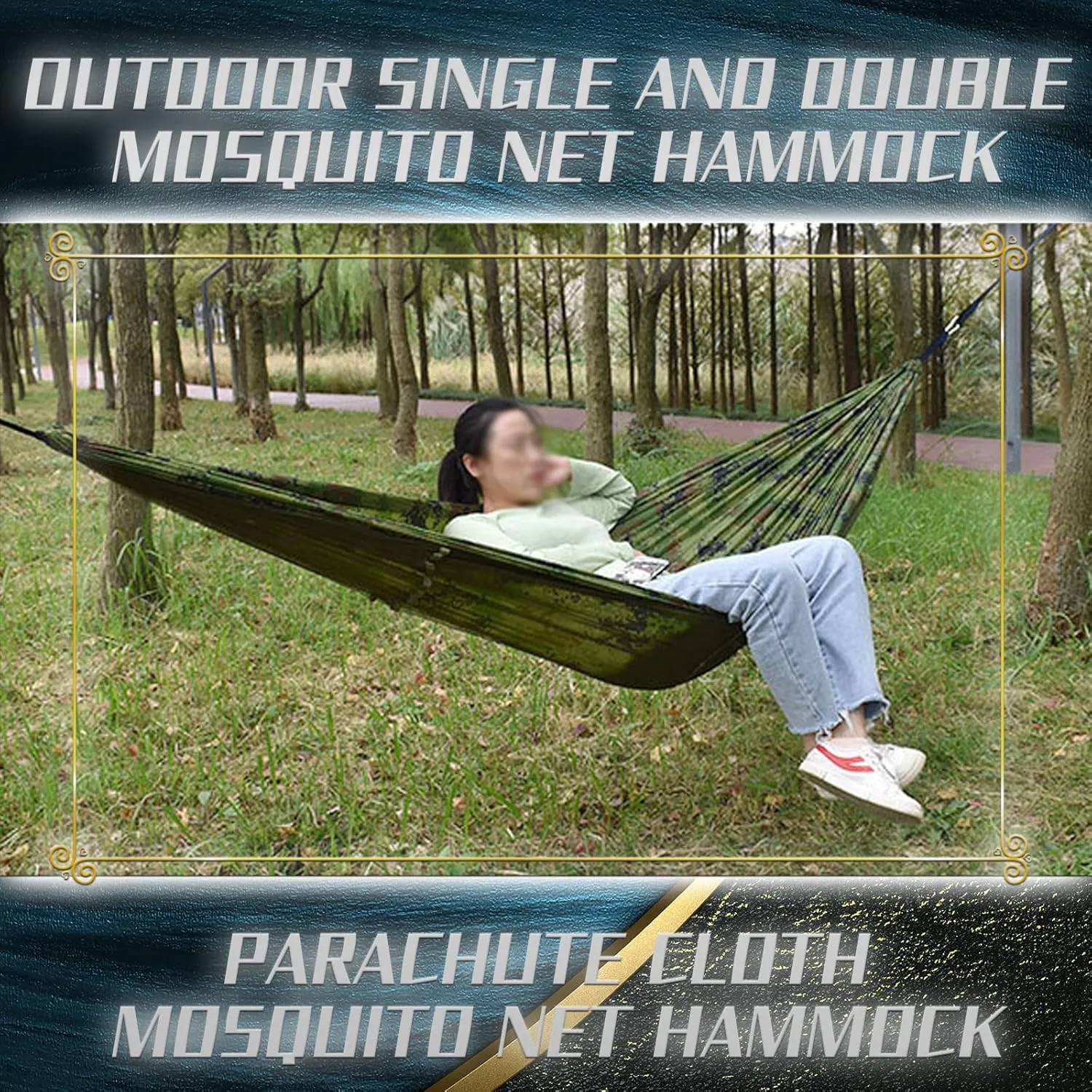 Camping Hammock with Mosquito Net - Ultra Lightweight Durable Double Travel Hammock 210T Parachute Nylon for Outdoor Camping Accessories-Royal Blue with Gray