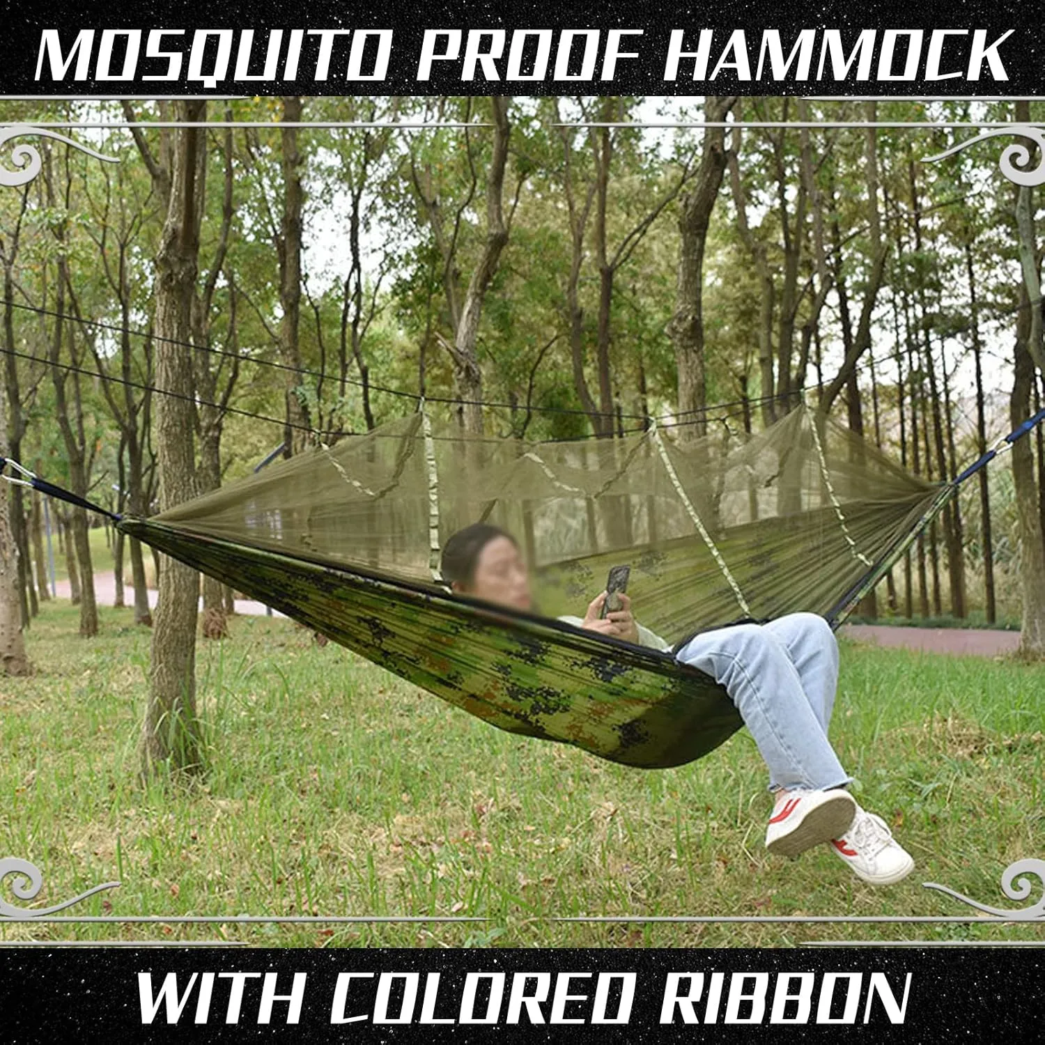 Camping Hammock with Mosquito Net - Ultra Lightweight Durable Double Travel Hammock 210T Parachute Nylon for Outdoor Camping Accessories-Royal Blue with Gray