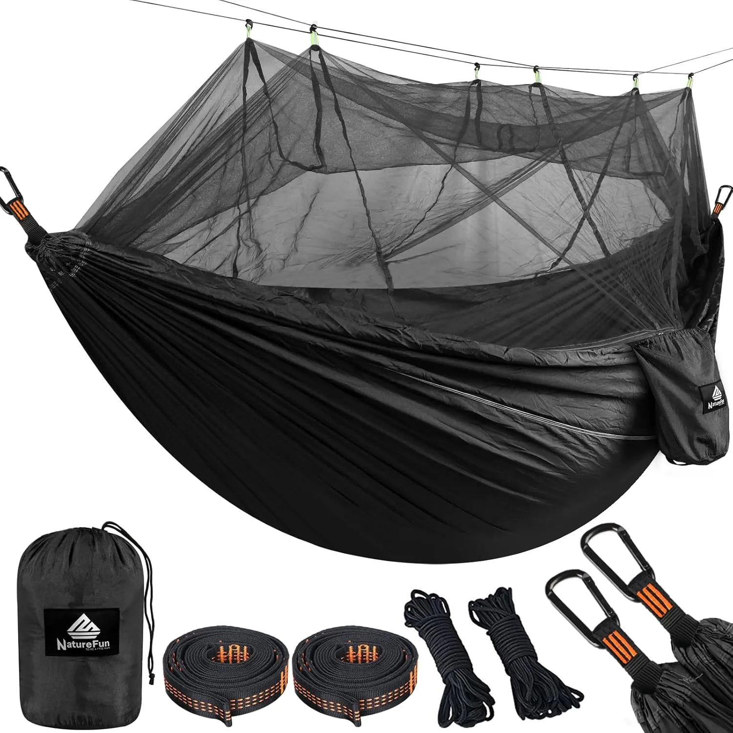 Camping Hammock with Net | 300kg Load Capacity,(300 x 200 cm) Breathable,Quick-Drying Parachute Nylon Travel Hammock | 2 x Premium Carabiners,4 x Slings Included | Outdoor Indoor Garden