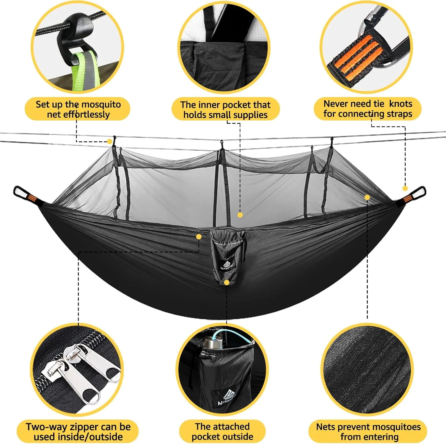 Camping Hammock with Net | 300kg Load Capacity,(300 x 200 cm) Breathable,Quick-Drying Parachute Nylon Travel Hammock | 2 x Premium Carabiners,4 x Slings Included | Outdoor Indoor Garden