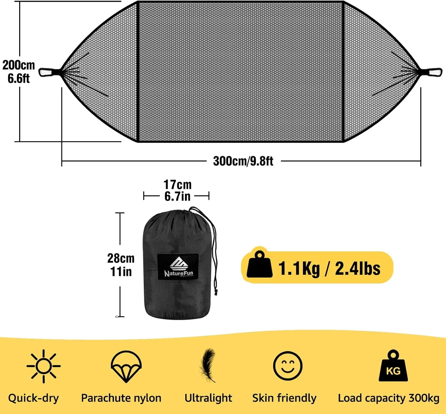 Camping Hammock with Net | 300kg Load Capacity,(300 x 200 cm) Breathable,Quick-Drying Parachute Nylon Travel Hammock | 2 x Premium Carabiners,4 x Slings Included | Outdoor Indoor Garden