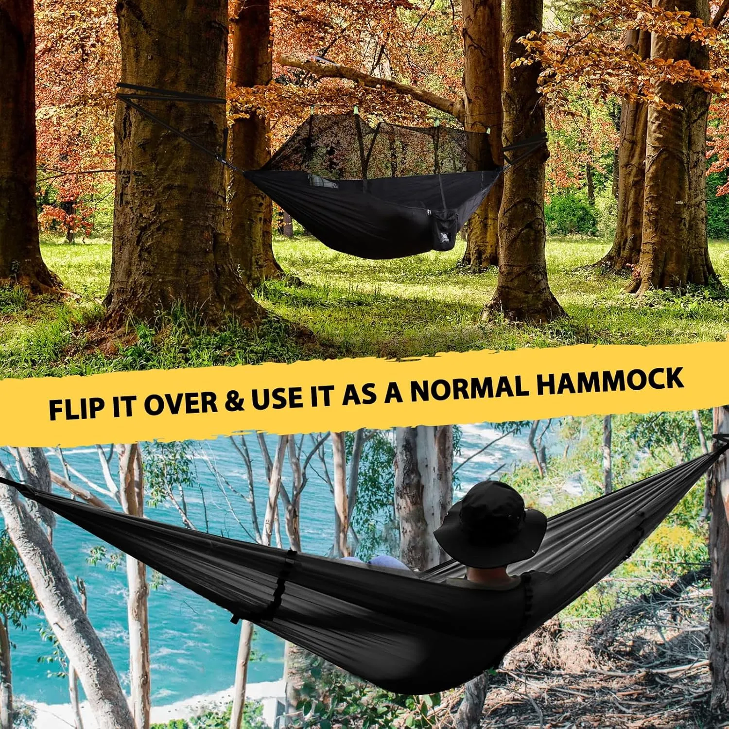 Camping Hammock with Net | 300kg Load Capacity,(300 x 200 cm) Breathable,Quick-Drying Parachute Nylon Travel Hammock | 2 x Premium Carabiners,4 x Slings Included | Outdoor Indoor Garden