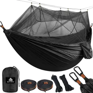 Camping Hammock with Net | 300kg Load Capacity,(300 x 200 cm) Breathable,Quick-Drying Parachute Nylon Travel Hammock | 2 x Premium Carabiners,4 x Slings Included | Outdoor Indoor Garden