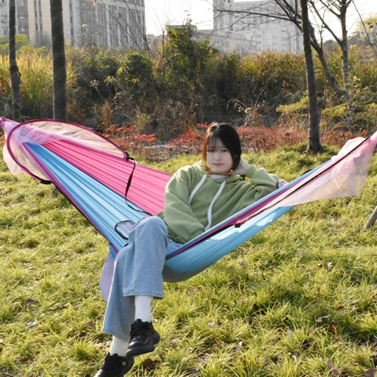 Camping Hammock with Net, Hammock Tent Strong Load-Bearing Capacity, Portable Hammock Camping Breathable Mosquito Proof, Suitable for Outdoor Use(Pink,260 * 140cm)