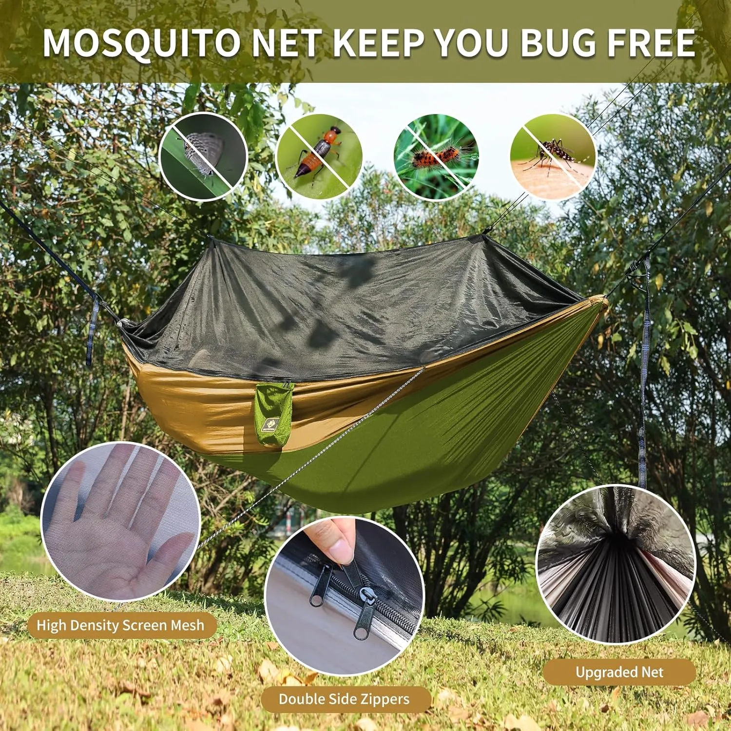 Camping Hammock with Net,Travel Portable Lightweight Hammocks with Tree Straps and Solid D-Shape Carabiners,Parachute Nylon Hammock for Outsides Backpacking Beach Backyard Patio Hiking