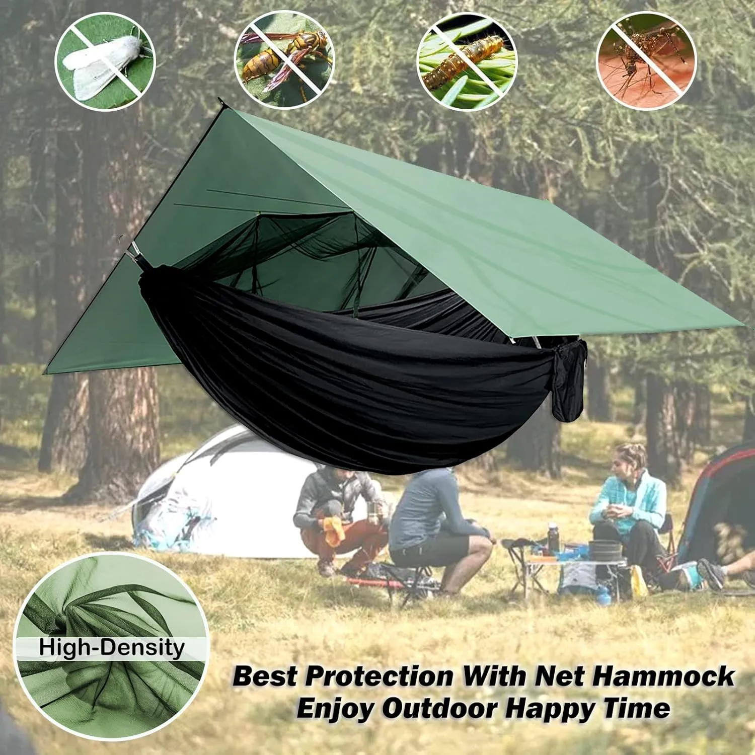 Camping Hammock with Net,Tree Straps and Removable Rain Fly Tarp,Lightweight Double Hammock,Portable Hammock Rainfly Set for Outdoor Hiking Backpacking,Travel (Camo)