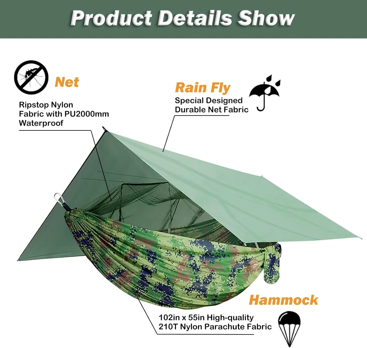 Camping Hammock with Net,Tree Straps and Removable Rain Fly Tarp,Lightweight Double Hammock,Portable Hammock Rainfly Set for Outdoor Hiking Backpacking,Travel (Camo)