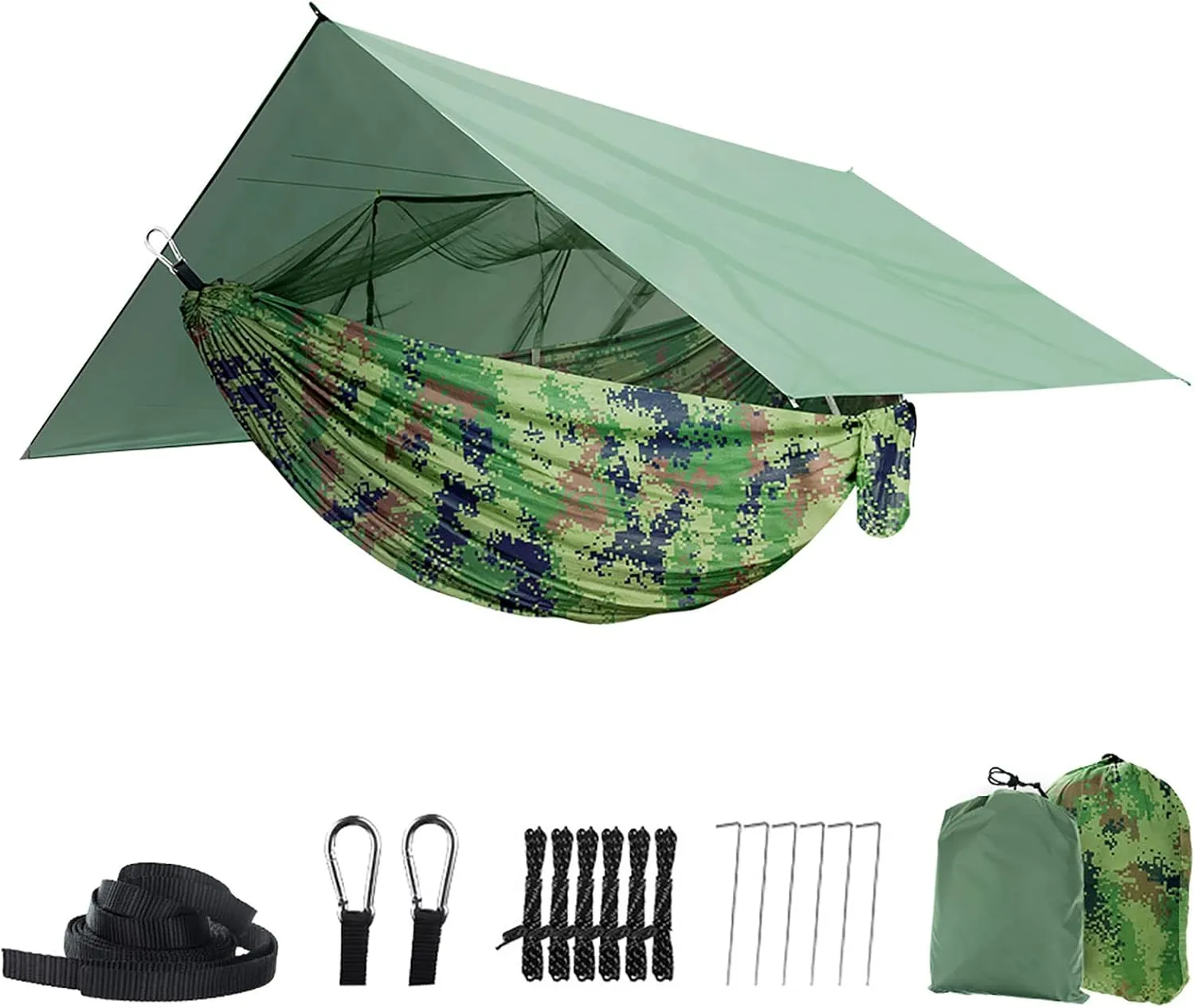 Camping Hammock with Net,Tree Straps and Removable Rain Fly Tarp,Lightweight Double Hammock,Portable Hammock Rainfly Set for Outdoor Hiking Backpacking,Travel (Camo)