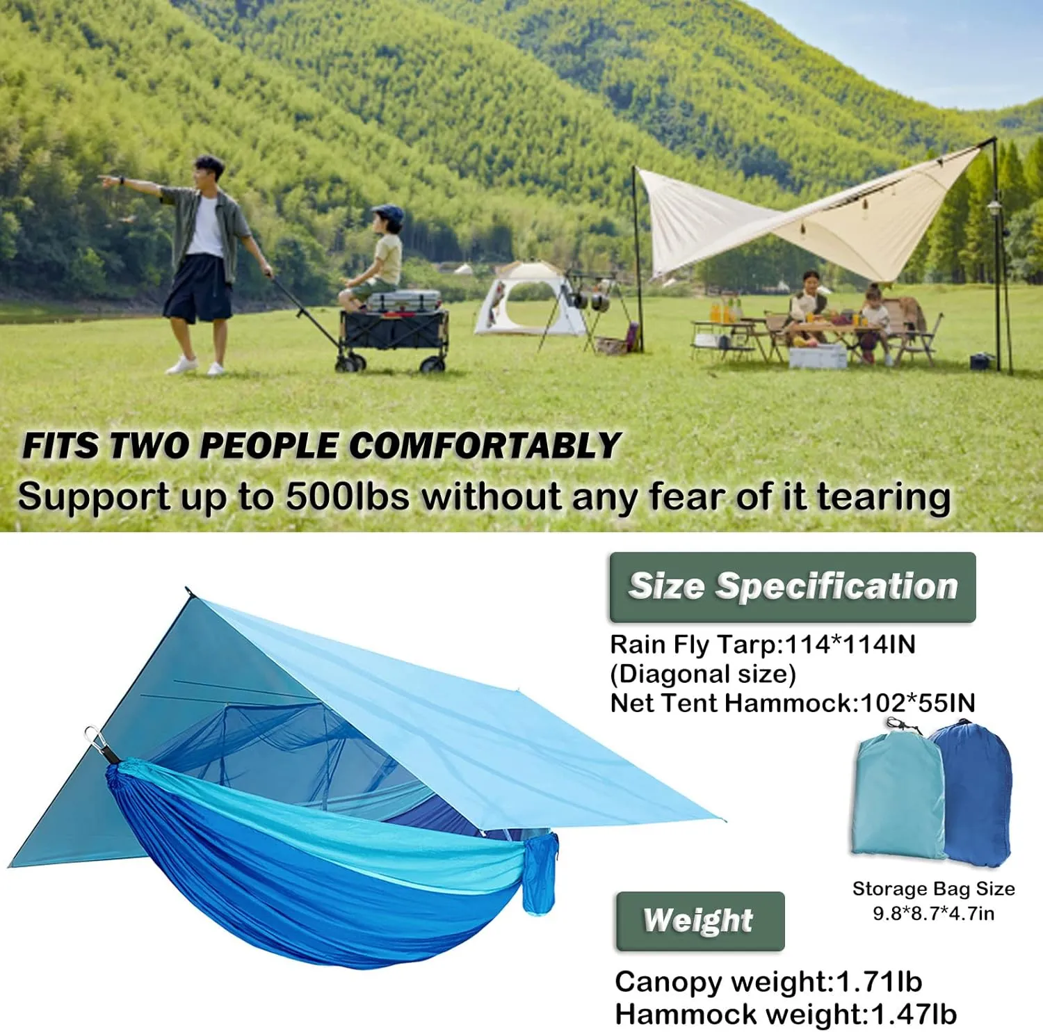 Camping Hammock with Net,Tree Straps and Removable Rain Fly Tarp,Lightweight Double Hammock,Portable Hammock Rainfly Set for Outdoor Hiking Backpacking,Travel (Camo)
