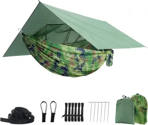 Camping Hammock with Net,Tree Straps and Removable Rain Fly Tarp,Lightweight Double Hammock,Portable Hammock Rainfly Set for Outdoor Hiking Backpacking,Travel (Camo)