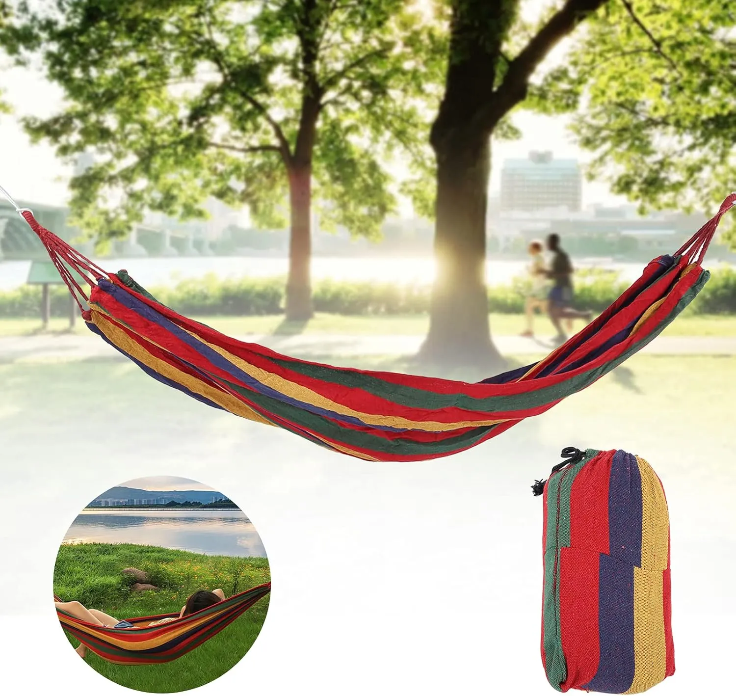Camping Hammock,Outdoor Travel Woven Hammock Garden Swing with Carry Bag,Portable Camping Hammock with Hardwood Spreader Bar,Outdoor Travel Hammock for Summer Camping, (Red)