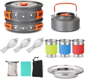 Camping Picnic Cookware Set – 2.4L Pot, 1.0L Pan, 1.1L Kettle, Fork, Spoon, Plates & 230ml Water Cup with Silicone Protector – Portable Outdoor Cooking Kit for Hiking, Backpacking