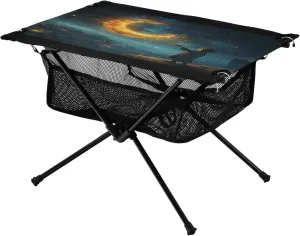 Camping Table Lightweight Portable Folding Table with Mesh Storage Net Starry Sky Galaxy Moon Ideal for Camping Hiking Beach Picnic Travel Backyard