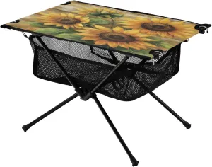 Camping Table Lightweight Portable Folding Table with Mesh Storage Net Sunflower Wood Grain Ideal for Camping Hiking Beach Picnic Travel Backyard